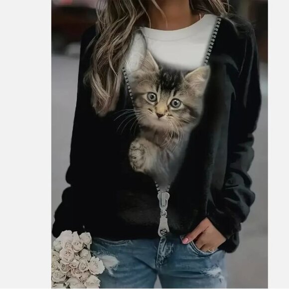 Cute Kitten Face Emerging from Black & White Long Sleeve Zipper Top - 5XL - Picture 1 of 7
